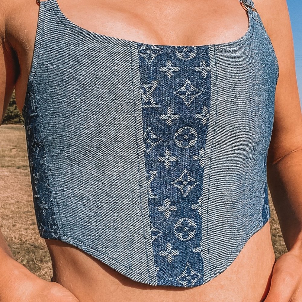 Denim Logo-Pattern Crop Top in Blue - Picture 4 of 5
